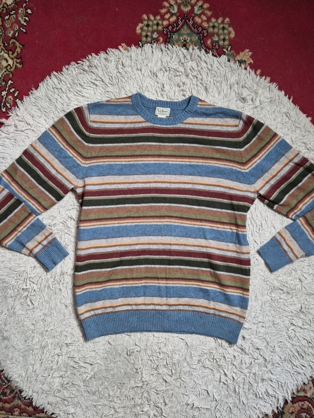 Mens Vintage LL Bean Sweater Lambs Wool Blend Stripes Pullover Crewneck 90s Prep